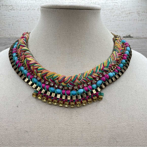 unsigned Jewelry - Beautiful Unsigned Colorful Knit Collar Bib Rhinestone Beaded Necklace